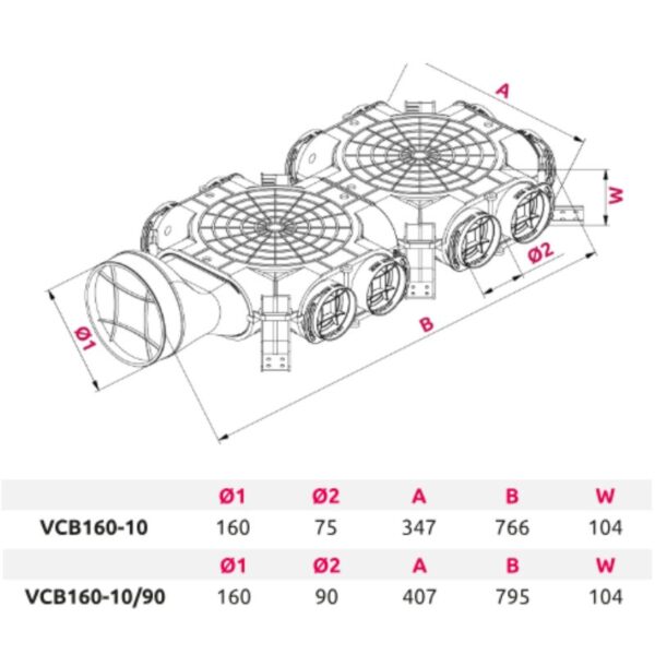 Distribuitor ventilatie cu conectare laterala Awenta VCB160-10