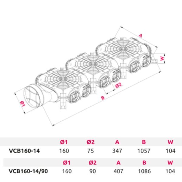 Distribuitor ventilatie cu conectare laterala Awenta VCB160-14